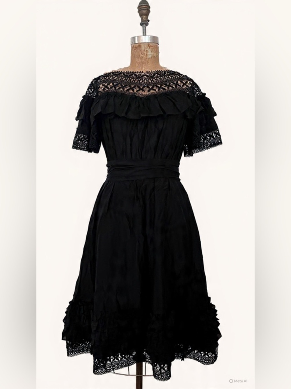 Emanuel Ungaro Black Lace Yoke Ruffle Midi Dress
